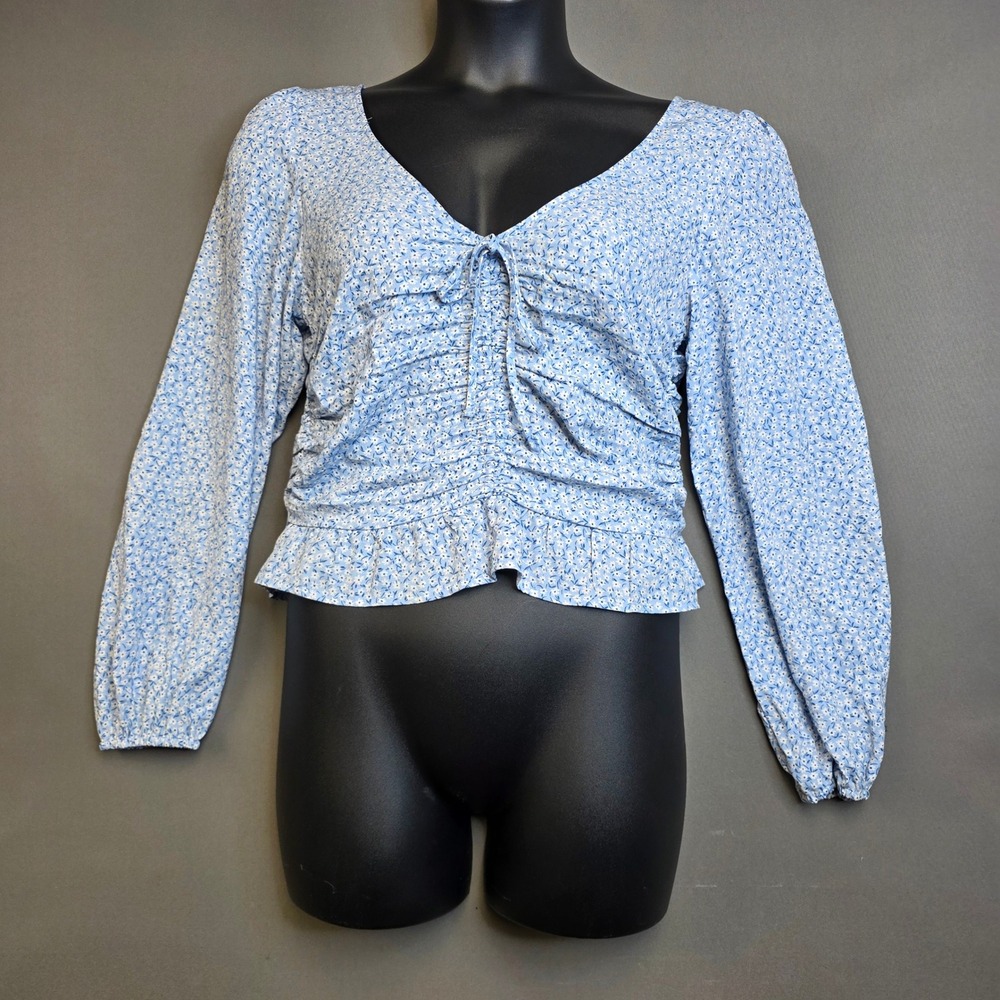 H&M Blouse Women's Ruched Floral Smocked Long Sleeve Blue Medium